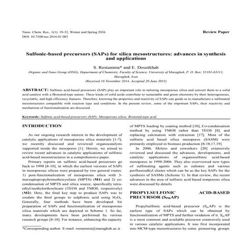 Sulfonic-based precursors (SAPs) for silica mesostructures: Advances in synth...