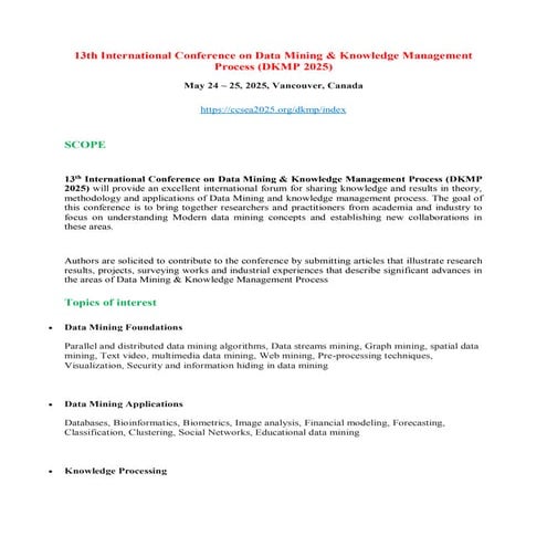 Call for Papers - 13th International Conference on Data Mining & Knowledge Ma...