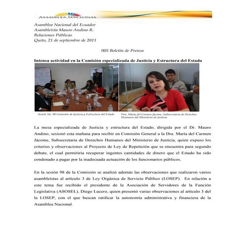 Comisión de Justicia Boletín de prensa 21 09 2011 