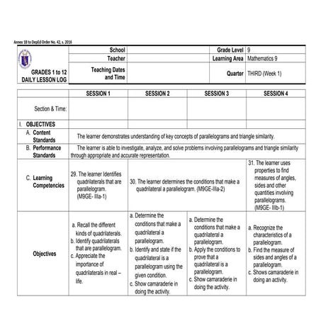 Detailed Lesson Plan in Grade 9 Math -Quadrilaterals | PDF