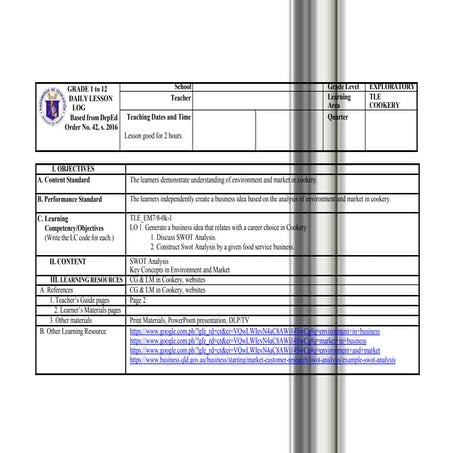 Daily lesson log for exploratory 7/8 cookery 9