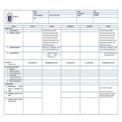 Daily lesson log in English for quarter 1