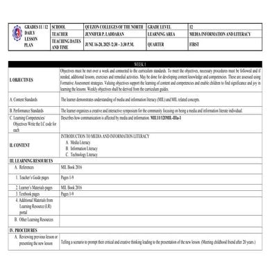 Media and Information Literacy Daily Lesson Log | PDF