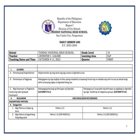 Grade 6 GMRC Lesson Plan on Self-Recognition and Dignity | DOCX