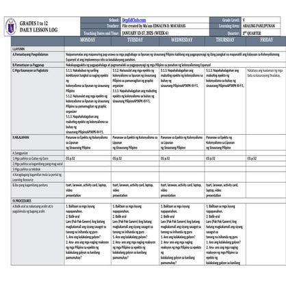 Lesson Plan Dll For Matatag Curriculum 4 Docx
