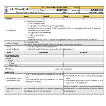 Daily Lesson Log ELS QUARTER 1 WEEK 2.docx | Geology | Science