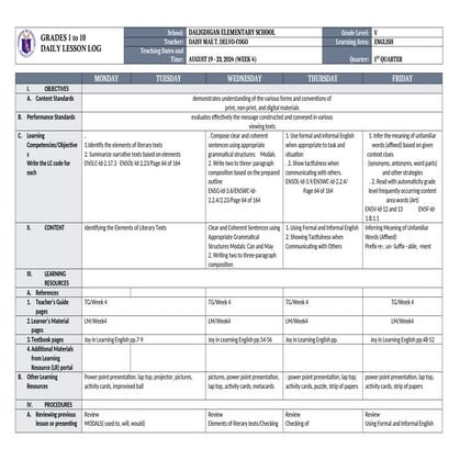 Daily Lesson Log in English for Quarter 1