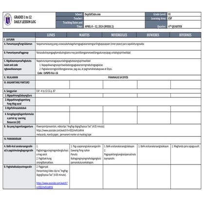 Lesson Plan In Esp For Quarter 4 Week 6 2 Docx