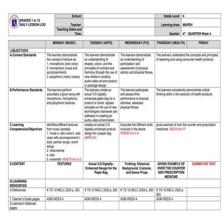 DAILY LESSON LOG QUARTER 4 WEEK 4 GRADE6 | DOCX