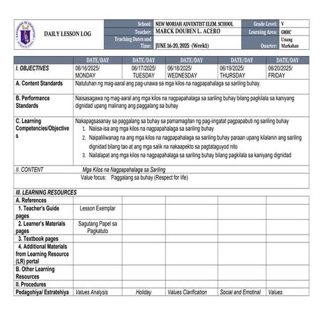 Daily Lesson Log_Good Manners and Right Conduct Grade 5_Q1_W1