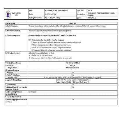 daily lesson plan in t.l.e. grade 9 week 1