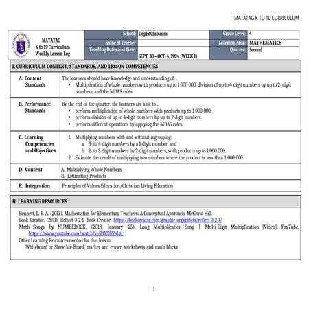 DLL for MATATAG _MATHEMETICS 4 Q2 W1 new