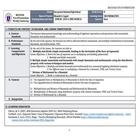 Daily Lesson Log MATATAG _MATHEMATICS 8_ Week 3