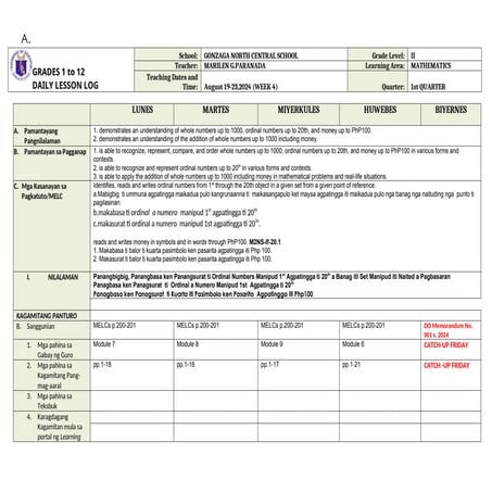 DLL_MATHEMATICS 1_Q1_W1 for Grade 1 learners | DOCX