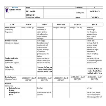 Daily lesson log Mathematics 6 quarter 1