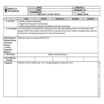 daily lesson plan of mother tongue based