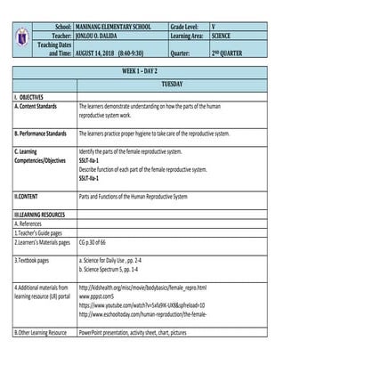 DLL in SCIENCE Demo for  Teacher's Guide
