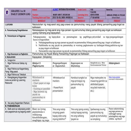 DLL_VALUES 8_Q1_W6.LESSON PLAn in values education 8N | DOCX