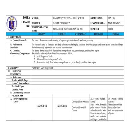 DLL Week 1 mathematics for third quarter