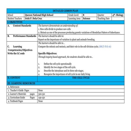 Detailed lesson plan- CELL CYCLE. DELA CRUZ, IRISH