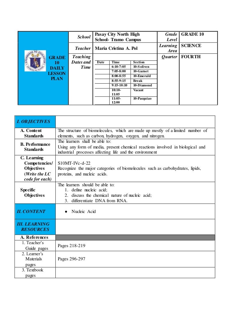 Daily Lesson Plan in Science 10 (Nucleic Acid)