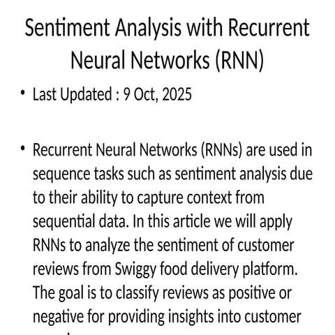 Sentiment Analysis of Swiggy Reviews Using Recurrent Neural Networks | PPTX