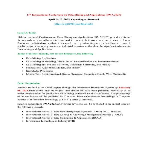 11th International Conference on Data Mining and Applications (DMA 2025)