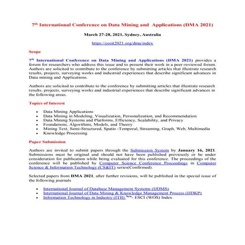 7th International Conference on Data Mining and Applications (DMA 2021)