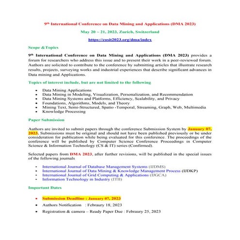 9th International Conference on Data Mining and Applications (DMA 2023)