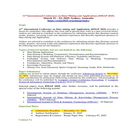 11th International Conference on Data Mining and Applications (DMAP 2025)