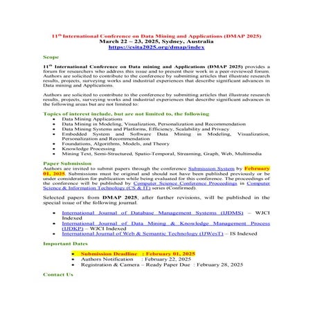 CFP - 11th International Conference on Data Mining and Applications (DMAP 2025)