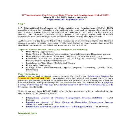 CFP - 11th International Conference on Data Mining and Applications (DMAP 2025)