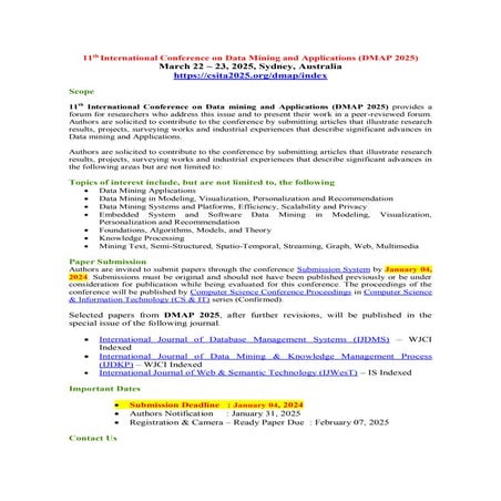 11th International Conference on Data Mining and Applications (DMAP 2025)