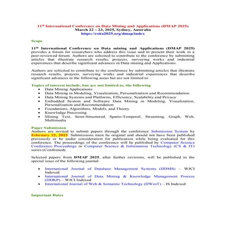 CFP - 11th International Conference on Data Mining and Applications (DMAP 2025)