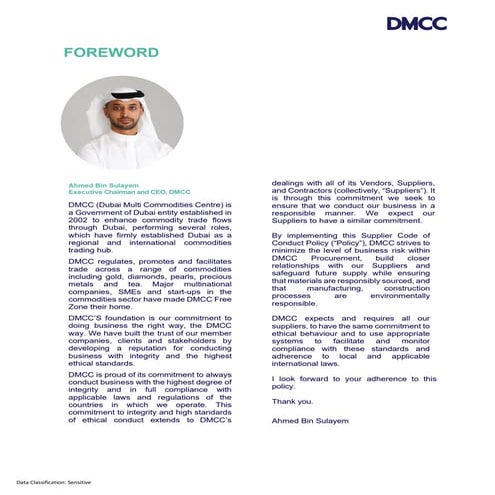 Dubai Multi Commodities Centre (DMCC) – Supplier Code of Conduct Policy