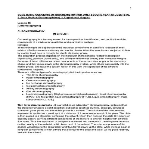 DMLT (2nd Year) : Chromatography - (U. P. State Medical Faculty syllabus) in English & Hinglish