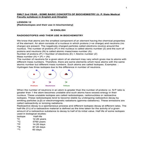 DMLT (2nd Year) - Radioisotopes And Their Use In Biochemistry : Some basic co...