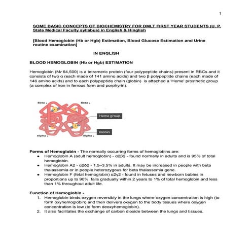 DMLT (1st Year) : Blood Hemoglobin, Blood Glucose estimation and Urine routine examination