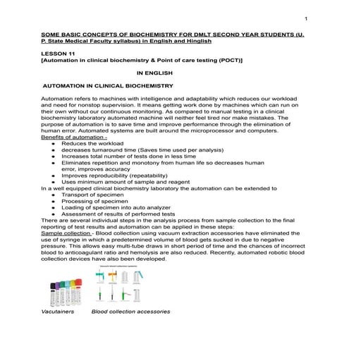 DMLT (2nd Year) : Automation in Clinical Biochemistry and POCT - Some basic concepts (U. P. State Medical Faculty syllabus) in English & Hinglish