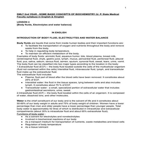 DMLT (2nd Year) : Body fluids, Electrolytes and Water balance - Some basic co...