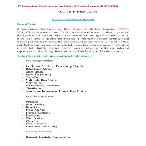 2nd International Conference on Data Mining & Machine Learning (DMML 2021)