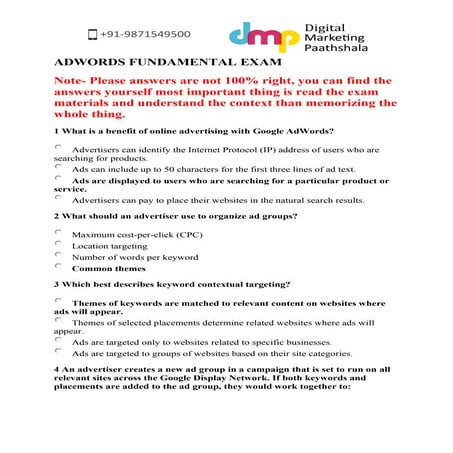Questions and Answers to Google Adwords Fundamentals Exam by Digital Marketin...