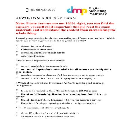 Questions and Answers to Google Adwords Advanced Search Exam by Digital Marke...