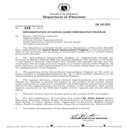 Dm s2016 128 immunization program