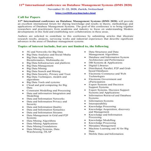 11th International conference on Database Management Systems (DMS 2020)