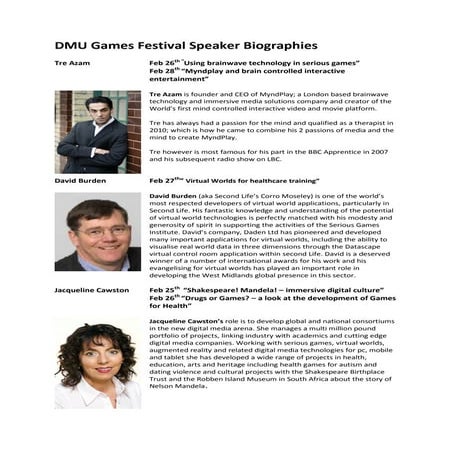 De Montfort University Games Festival Speaker Biographies