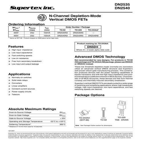 Original N-Channel Mosfet DN2540 DN2540N5 2540 TO-220 New Supertex