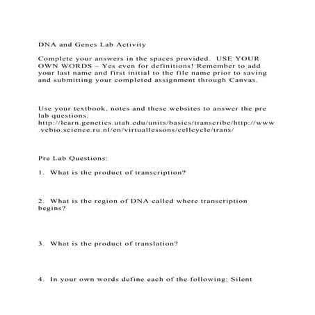 DNA and Genes Lab ActivityComplete your answers in the spaces .docx