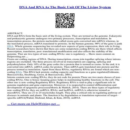 DNA And RNA As The Basic Unit Of The Living System | PDF