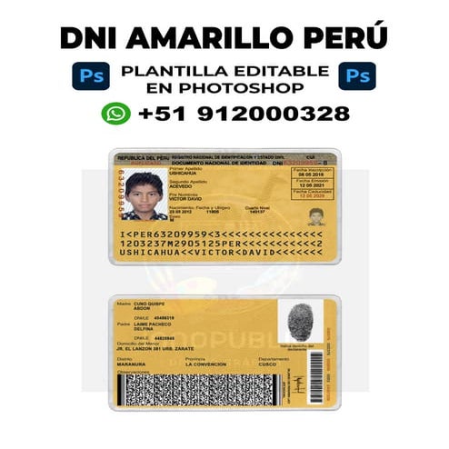 DNI Amarillo Plantilla editable en Photoshop